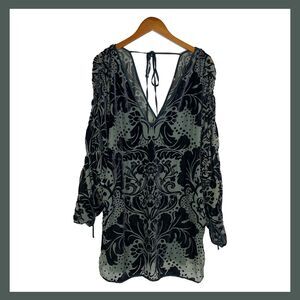 Free People Florence Frock Jacquard Slouchy Mini Dress Size S Green Velvet Sheer